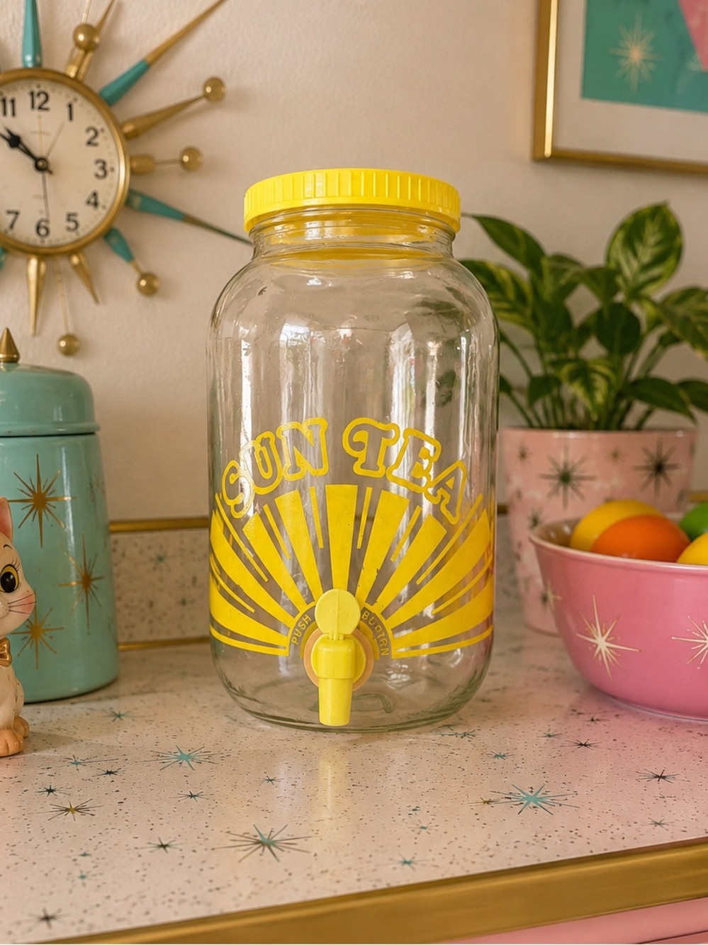 Vintage Anchor Hocking Yellow Sunburst Sun Tea Jar Glass Dispenser Pitcher  MCM